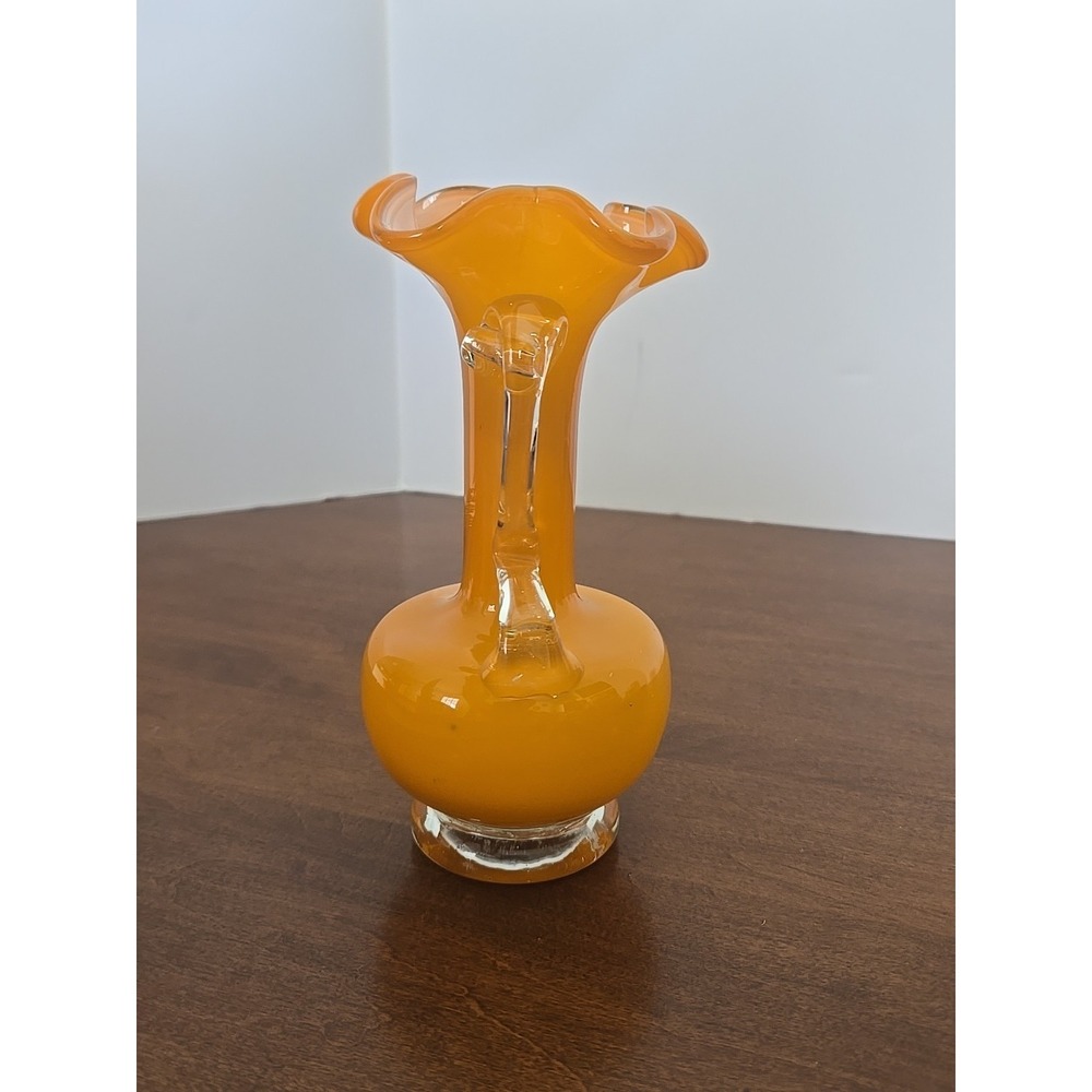 Vintage Orange Hand Blown Art Glass Vase Clear Handles Ruffled Rim Murano Style - Picture 2 of 8